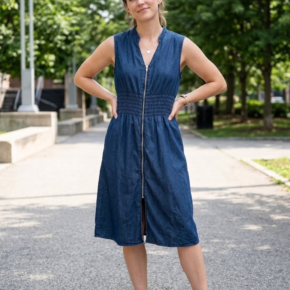 Sleeveless Denim Zip-Front Midi Dress in Dark Blue